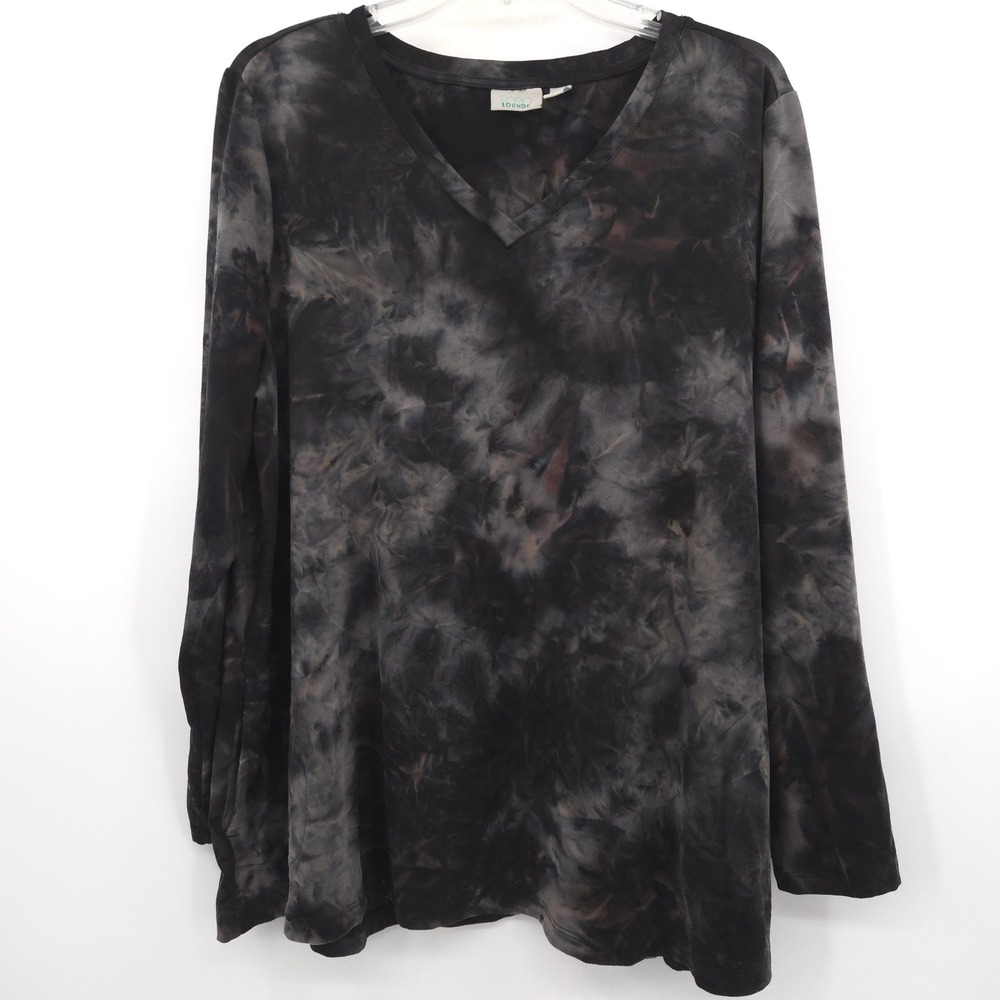 LOGO Lounge Tunic Top Women XL Black Tie Dye Long‎ Sleeve V-Neck Pockets